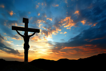Silhouette of Jesus Christ on the cross at sunset with dramatic sky and clouds symbolizing faith, hope, and religious devotion, representing Good Friday, Easter, and salvation