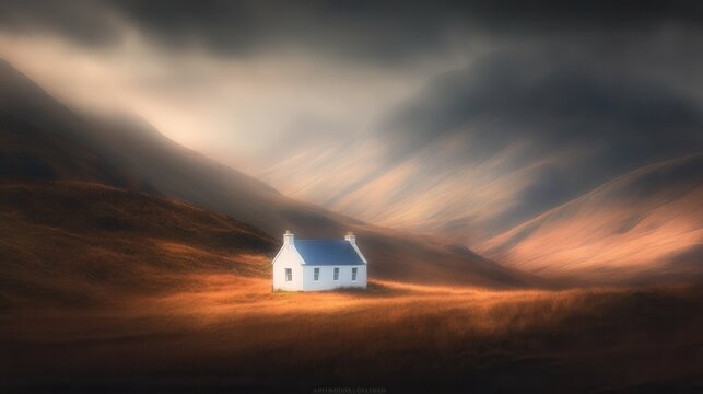 On the Isle of Skye in Scotland, a lone white croft house cottage from the Scottish Highlands sits in a rural mountain landscape, framed by Glamaig Peak and the Red Cuillins