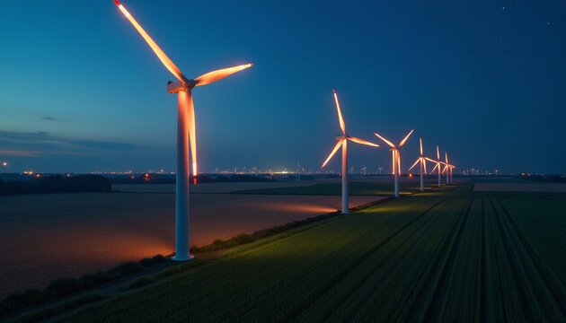 Illuminated Wind Turbines at Night