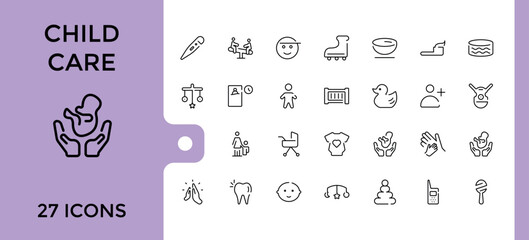 Babies Care icons set. Contains such icons as stroller, bear, bottle, safe, duck, birth, mother, milk. Minimalistic icons. Editable stroke. Vector illustration.