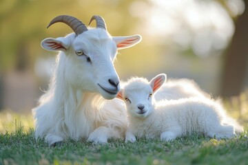 Naklejka premium Adorable White Goat and Lamb Resting in Green Pasture