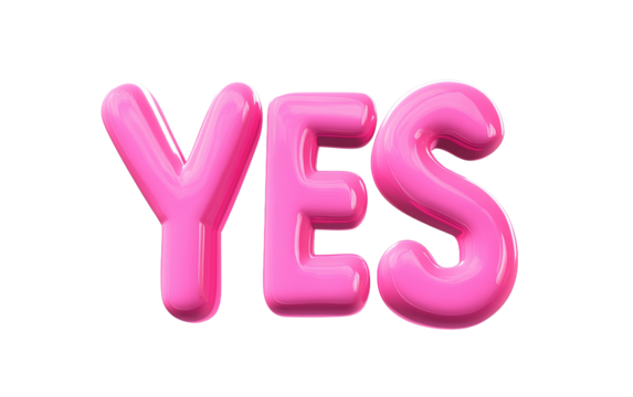"YES" in pink, with a white background, in a 3D style, in a cartoon style, as clip art, isolated on a white background