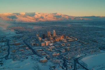 Fototapeta premium The downtown skyline of Reno, Nevada, is depicted with hotels and casinos, bordered by residential areas and framed by snow-capped mountains