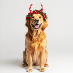 Golden retriever in festive red horn headband sitting happily.