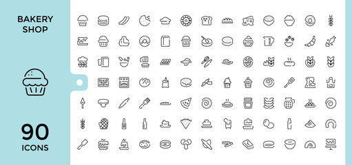 Bakery Shop icon set. Containing bakery, croissant, cake, element, donut, baker, food and more. Thin outline icons pack. Editable vector icon and illustration.