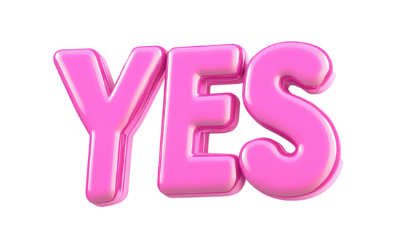 "YES" in pink, with a white background, in a 3D style, in a cartoon style, as clip art, isolated on a white background