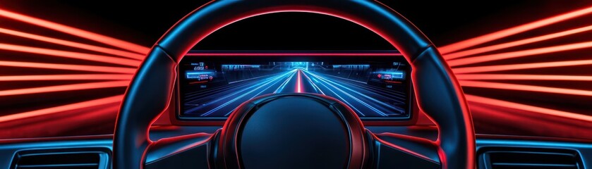 Fototapeta premium close up view of futuristic self driving car interior with vibrant neon lights illuminating dashboard and road ahead, creating surreal atmosphere