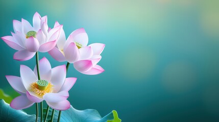 Obraz premium Serene Pink Lotus Blossoms Teal Background Peaceful Nature