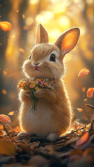 A cute little bunny holds wildflowers in his paws