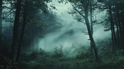 Fototapeta premium A dense fog rolling over a pine forest, mysterious and moody, cinematic tones