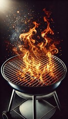 Barbecue Grill With Fire Flames - Empty Fire Grid On Black Background, concept banner