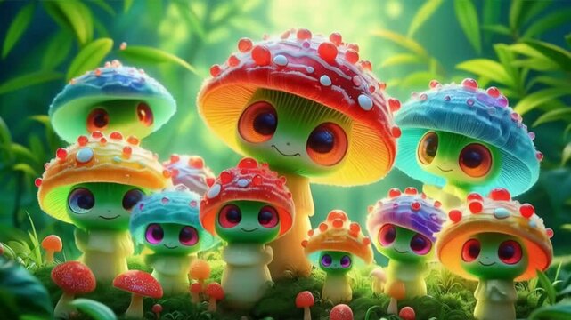 3D glass mushrooms cartoon dancing on colorful vibrant forest background, animation