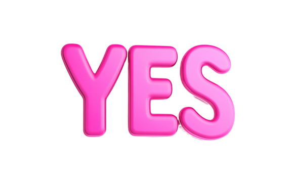 "YES" in pink, with a white background, in a 3D style, in a cartoon style, as clip art, isolated on a white background