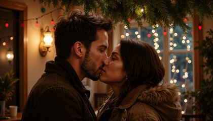 Fototapeta premium Couple sharing a romantic New Year's kiss under mistletoe with festive lights