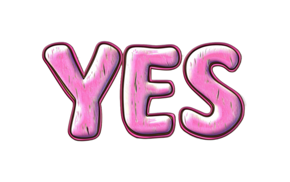 "YES" in pink, with a white background, in a 3D style, in a cartoon style, as clip art, isolated on a white background