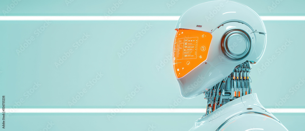 Poster close up view of futuristic home robot chef with sleek design, featuring illuminated interface and i