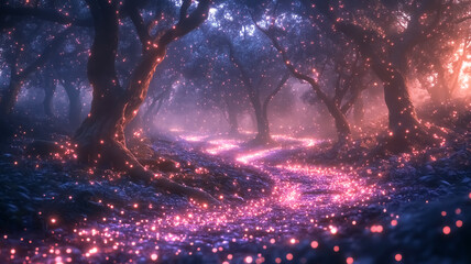 Fototapeta premium Mystical forest, illuminated by bright bioluminescent lights scattered across the ground, trees and floating in the air