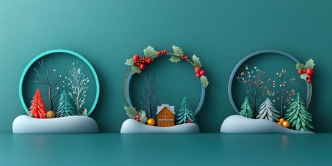 Festive Winter Wonderland Scene Circular Frames Paper Craft Trees Holly Snow Christmas Cottage