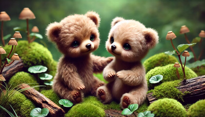 Fototapeta premium Two cute little bears play in mossy forest