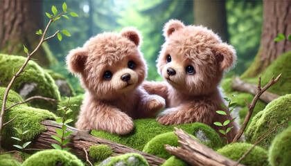 Fototapeta premium Two cute little bears play in mossy forest