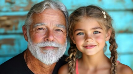 Smiling elderly man with white beard and cheerful little girl with braided hair posing together in natural light for family portrait, love and bonding, outdoor rustic blue wooden background, warm moo