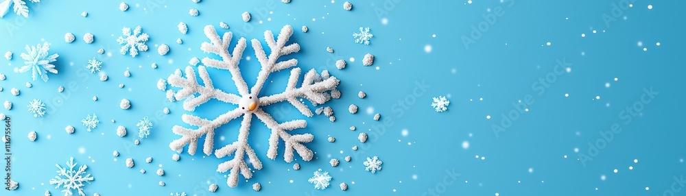Poster joyful snowflake surrounded by smaller snowflakes and sparkling elements on blue background creates 