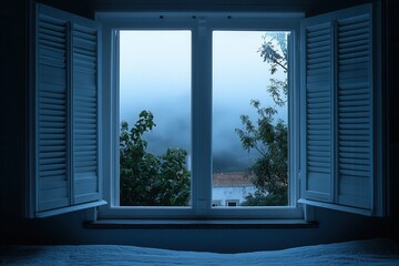 Obraz premium A wide-open window on a foggy day provides a stunning view of the countryside, perfect for a stay-at-home concept. From the house, enjoy the scenery, dreaming of travels to Spain and holidays. Open