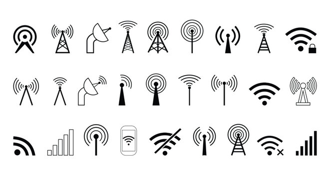Wireless communication icons. antenna icon set. Radio antenna icon. Communication tower icons. Radio tower icons. network icons vector Illustration