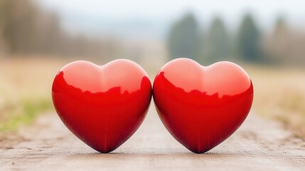 Fototapeta premium Two glossy red hearts sit close together on a pathway, symbolizing love and connection against a serene backdrop.