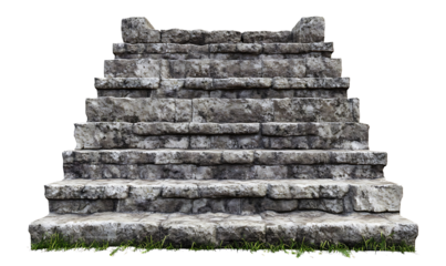 Ancient Mayan pyramid with detailed stone steps, isolated on white.