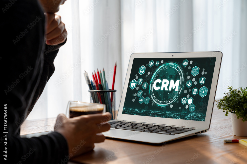 Poster customer relationship management system on modish computer for crm business and enterprise