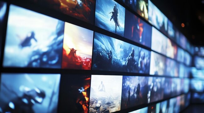 Un mur d'&eacute;crans de jeux vid&eacute;o affichant une vari&eacute;t&eacute; d'images, des personnages et des paysages cin&eacute;matographiques, dramatiques et r&eacute;alistes.