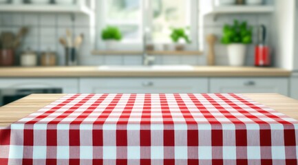 Une table de cuisine avec une nappe à carreaux rouges et blancs dans un intérieur de pièce floue en arrière-plan, offrant un espace pour un montage de présentation de produits.