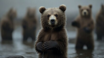 Obraz premium A curious young brown bear stands among its companions in a misty, serene setting, showcasing a tranquil wildlife moment.