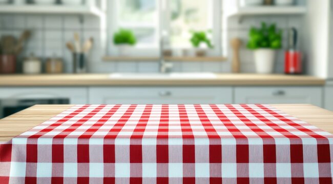 Une table de cuisine avec une nappe &agrave; carreaux rouges et blancs dans un int&eacute;rieur de pi&egrave;ce floue en arri&egrave;re-plan, offrant un espace pour un montage de pr&eacute;sentation de produits.