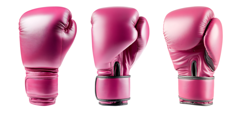 Pink boxing glove photographed from an angled side view, Bright color and smooth leather surface, designed for effective boxing and fitness training. Isolated on transparent background, png. - Powered by Adobe