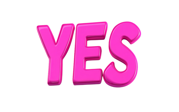 "YES" in pink, with a white background, in a 3D style, in a cartoon style, as clip art, isolated on a white background