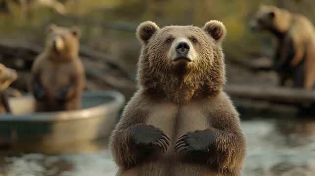 A curious brown bear stands by the water, observing its surroundings with a gentle expression amidst a serene natural setting.