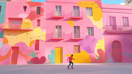 A skateboarder glides past a vibrant mural on a sunny day
