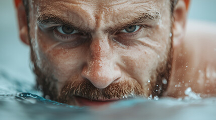 A swimmer concentrates intensely while practicing in a pool