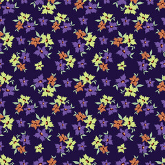 Seamless floral pattern, liberty ditsy print of mini pretty bouquets. Cute botanical design: small hand drawn flowers, tiny leaves in an abstract composition on a light background