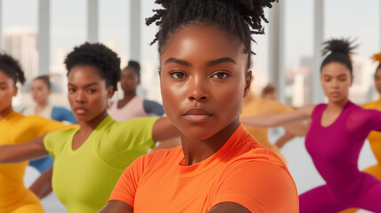 Dancers in vibrant outfits showcase choreography in a bright studio