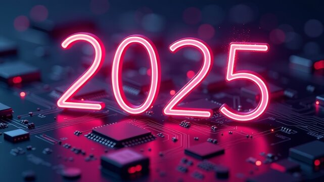 The numbers 2025 microcircuits in neon colors
