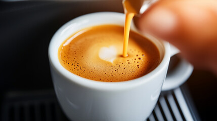 Creamy espresso is poured into a white cup, highlighting its rich color