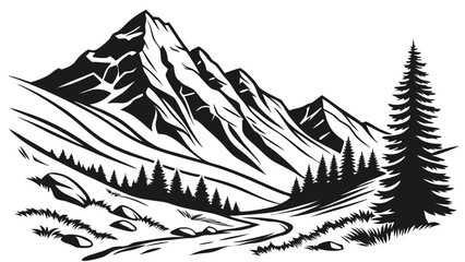 Mountain silhouette - vector icon. Rocky peaks. Mountains ranges. Black and white mountain icon