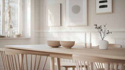A serene dining space featuring minimalistic wooden furniture.