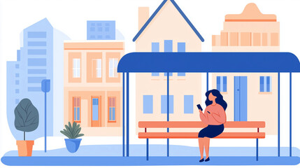 Woman checks her phone while waiting at a bus stop in the city