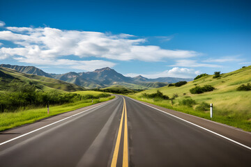 Naklejka premium Open Road Adventure: An Inviting Asphalt Road to The Horizon Between Mountains and Blue Sky