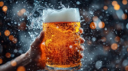 Hand holding a beer glass with splashing liquid against a bokeh background.
