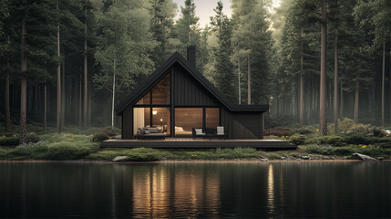 A cozy cabin reflects beautifully on a tranquil forest lake.